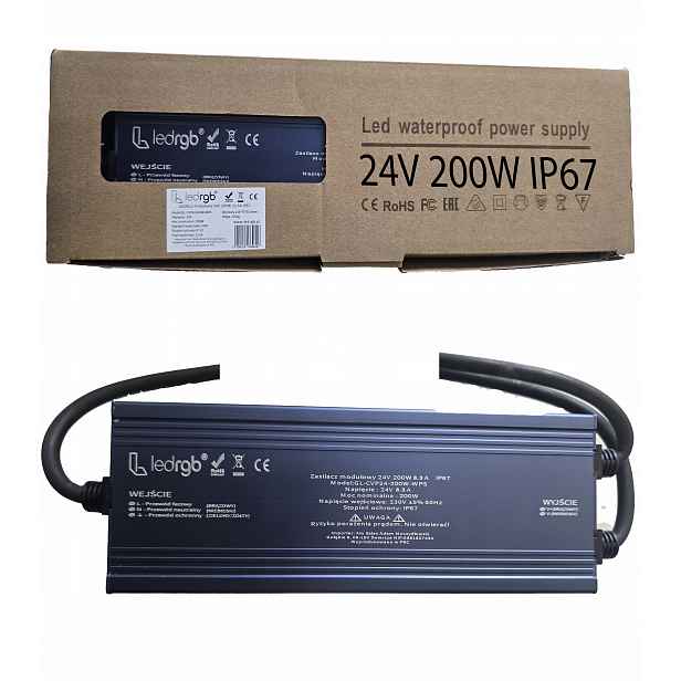 Montážní napájecí zdroj 24V 8.3A 200W Premium pro Led modulární, Voděodolný Ip 67