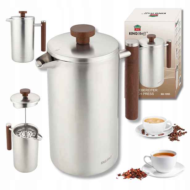 french press 1L nerezová ocel dvojité stěny dřevěná rukojeť