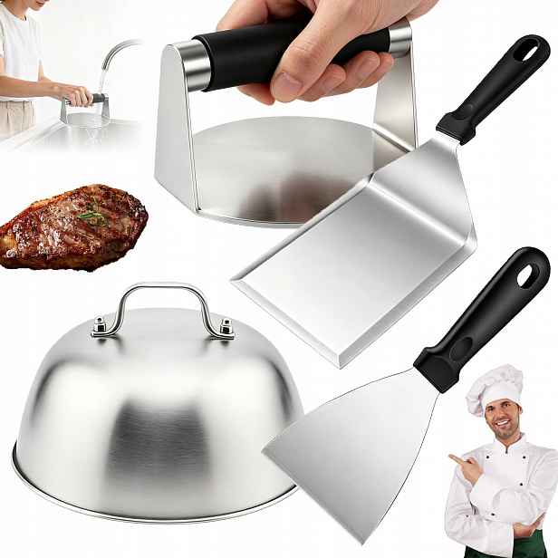 Příslušenství Pro Grilování Lis Na Burgery 2X Lopatka Víko Sada 4V1