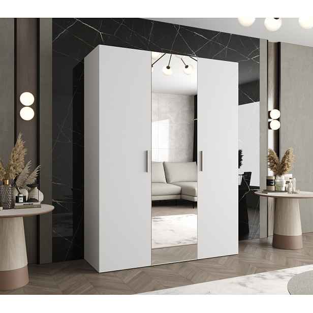 Šatní skříň se zrcadlem HELMA 2 150 cm - bílá / stříbrné úchyty