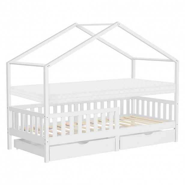 ML-DESIGN DĚTSKÁ POSTEL ve tvaru domečku s matrací 90x200 cm a 2 zásuvkami, bílá, z borového dřeva