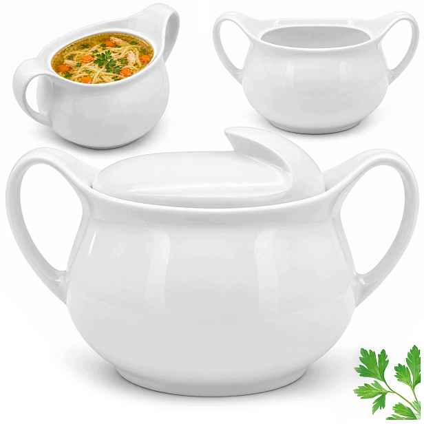 Porcelánová Váza Kulatá S Víkem A Úchyty, Bílá, Na Polévku, 2.2 L Tragar