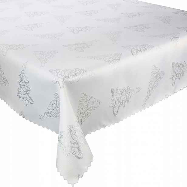 Oboustranný ubrus odolný proti skvrnám, vánoční, bílý, stříbrný, vánoční stromek 160 x 220 cm