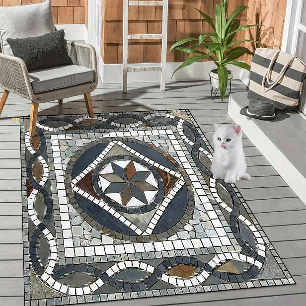 TEMU 1ks Perský styl Klasický elegantní mramorový geometrický , Zlatý diamantový sametový velkoplošný venkovní koberec, Pratelná polyesterová vlákna