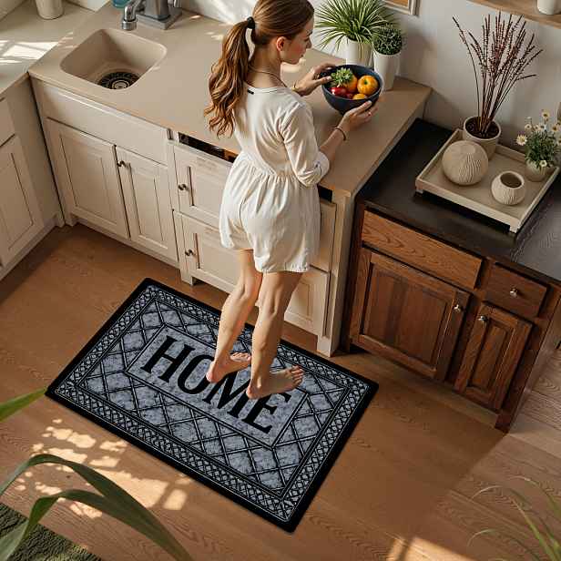 TEMU Produkt: [ + 1 cm tlustá pěnová výplň] Zábavná rohožka | Šedá rohožka s potiskem „HOME“ uprostřed a diamantovým vzorem po stranách. Tato