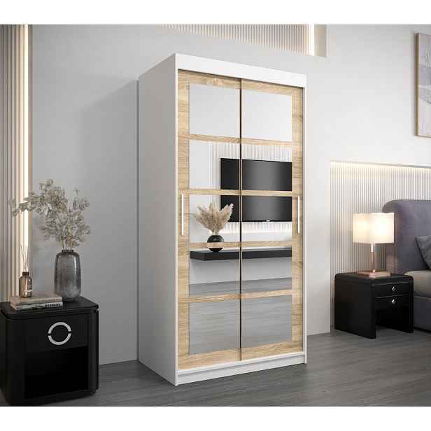 Šatní skříň se zrcadly ANABEL - šířka 120 cm, bílá / dub sonoma