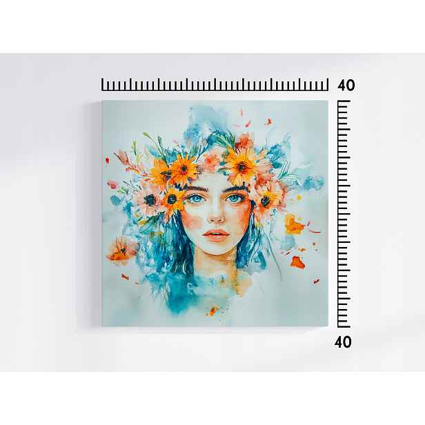 Obraz Na Plátně Canvas Tyrkysová Dáma Portrét Květiny Akvarel Boho 50x50