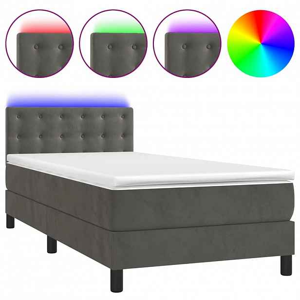 vidaXL Box spring postel s matrací a LED tmavě šedá 90x200 cm samet