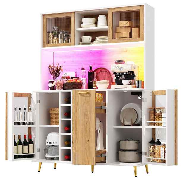 Modenvie BUFFET skříňka 120/40/180 cm z MDF bílá v dekoru dřeva s LED osvětlením