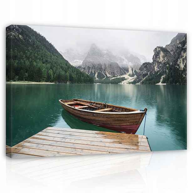 Obraz 120x80 Horské jezero loď molo mlha klid příroda krajina hygge