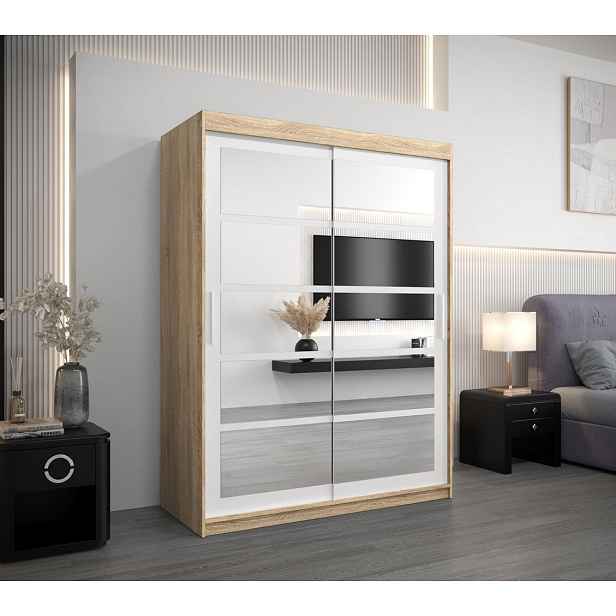 Šatní skříň se zrcadly KARLA - šířka 150 cm, dub sonoma / bílá
