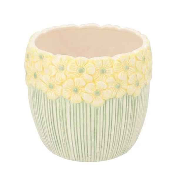 Žluto-zelený obal na květináč s reliéfem květů Jane Flower - Ø 15*13 cm daan kromhout