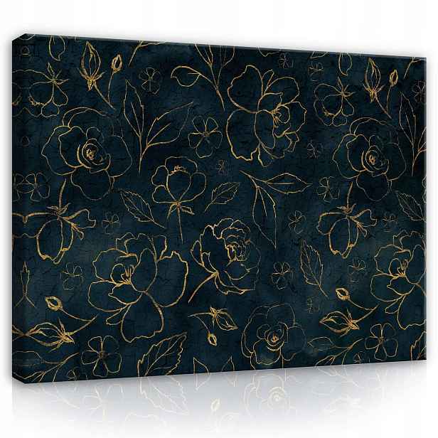 Obraz 80x60 Zlatý vzor tmavé pozadí květy listy elegance luxus