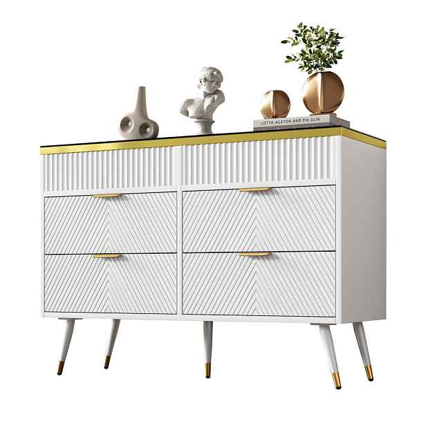 Modenvie KOMODA se sklem, 120/40/76 cm, bílá, 6 zásuvek
