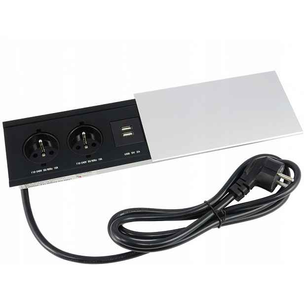 Zapuštěná Zásuvka Zabudovaná Do Stříbrné Desky 2x250V 2xUSB IP20
