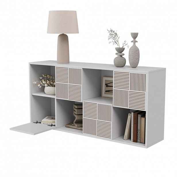 KNIHOVNA 125x30x60 cm, dřevěný laťkový design, úložný prostor v příborníku, bílá