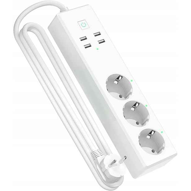 Prodlužovací Kabel 3 Zásuvky 4 Usb Porty Ovládání Aplikace Bílé 1,8 m 250 V 10 A