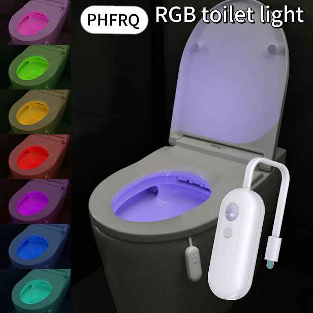 TEMU PHFRQ-RGB LED toaletní světlo s pohybovým čidlem, vícebarevné nastavitelné noční světlo do koupelny, nabíjení přes USB, snadná instalace, vhodné