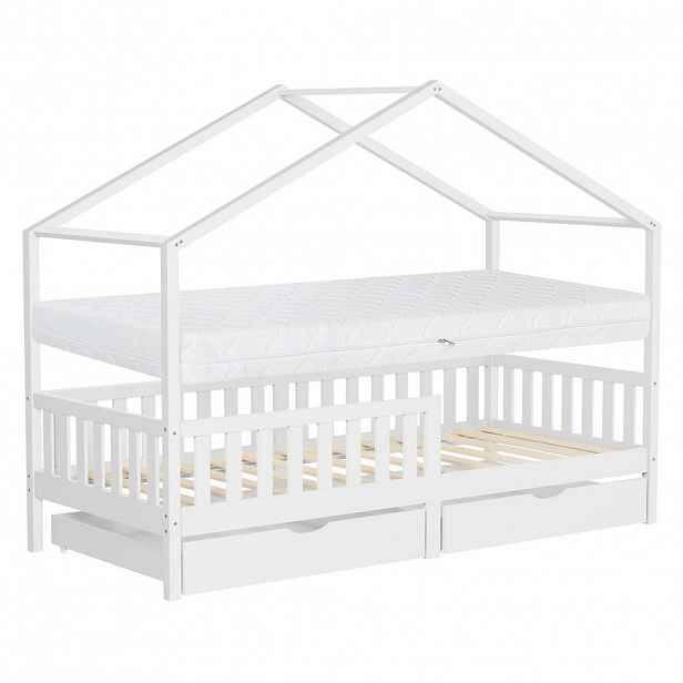 ML-DESIGN DĚTSKÁ POSTEL ve tvaru domečku s matrací 90x200 cm a 2 zásuvkami, bílá, z borového dřeva