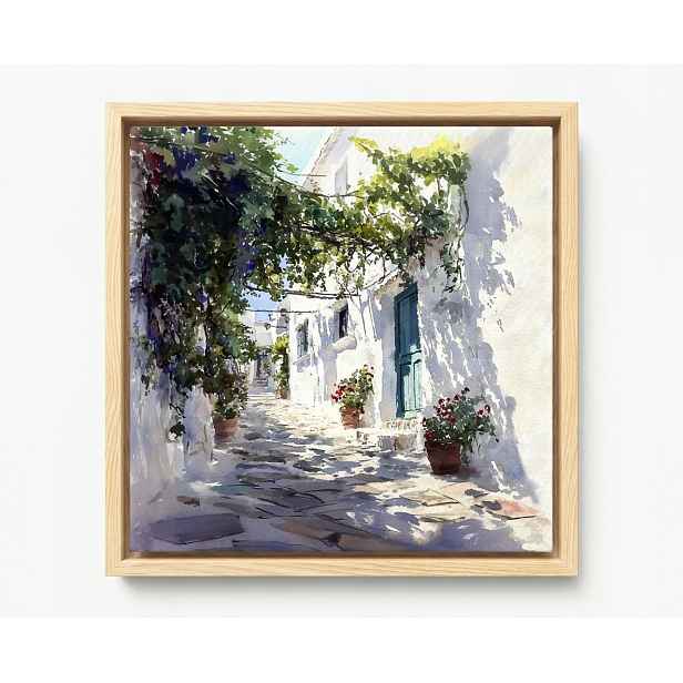 Obraz Rám American Box Řecko Bílé Domky Květiny Pergola Santorini 50x50
