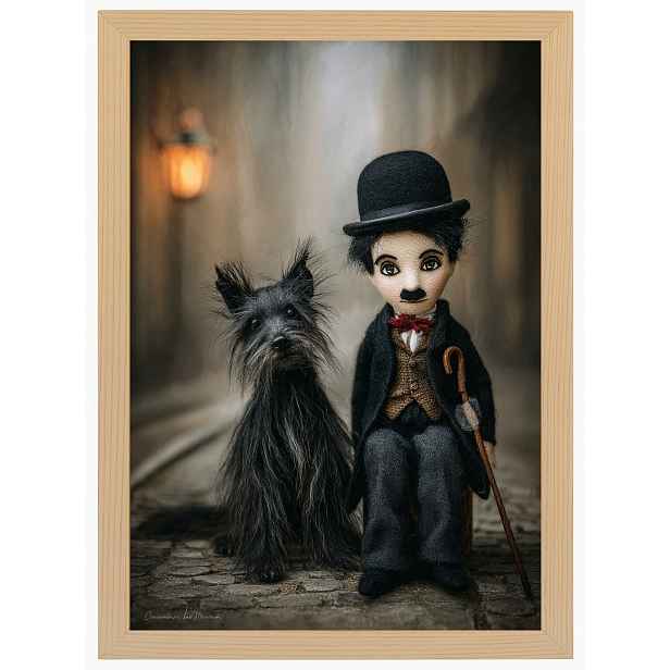 Plakát Rámeček Dřevo Charlie Chaplin Pes Yorkshire Vintage Lalka 60x80