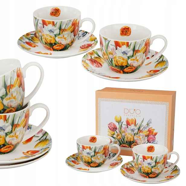 Sada 2 Šálků S Podšálkem Tulipány 270 ml porcelánový set dárek