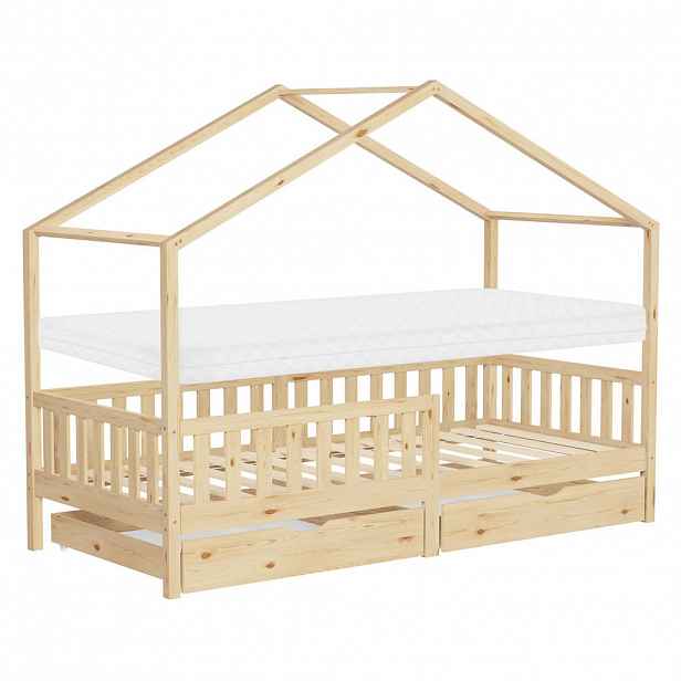 ML-DESIGN DĚTSKÁ POSTEL ve tvaru domečku s matrací 90x200 cm a 2 zásuvkami z přírodního borového dřeva