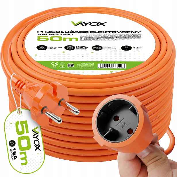 Prodlužovací Kabel 50 M Zahradní Silný Gumový Kabel 1 Zásuvka 2x1,5 Vayox
