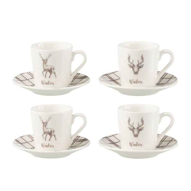 Set 4ks bílo-hnědý hrnek s jelenem v krabičce Coffee Deer - Ø 11*6 cm / 80ml J-Line by Jolipa