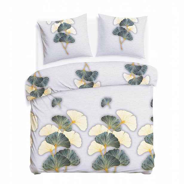 Povlečení flanelové 220x200 šedé, zelené listy ginkga Flanelove