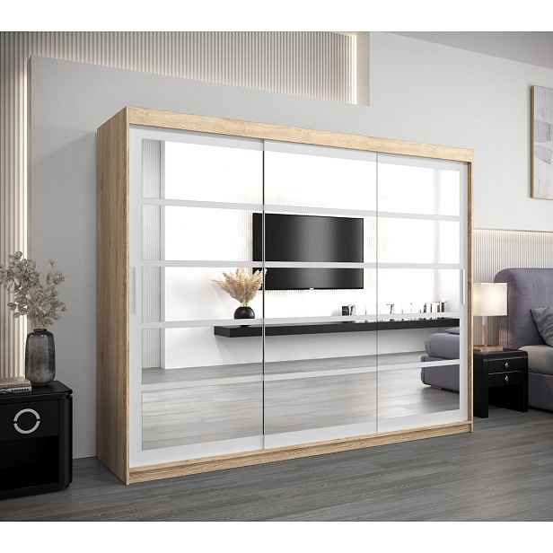 Skříň s posuvnými dveřmi LEONA - šířka 250 cm, dub sonoma / bílá