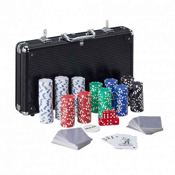Relaxdays POKERKUFŘÍK Stříbrný uzamykatelný 300 žetonů
