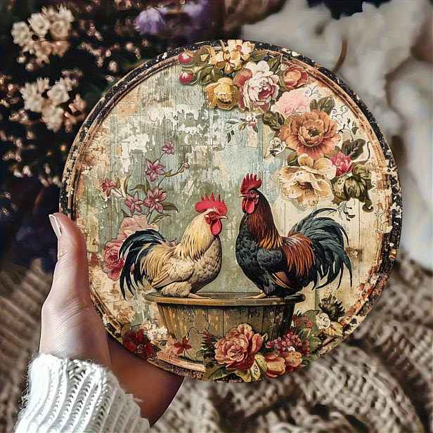 TEMU Hliníková plochá deska o rozměrech 7,87x7,87 palců s potiskem kohouta a slepice ve vaně v nostalgickém stylu. Tato dekorativní hliníková plaketa