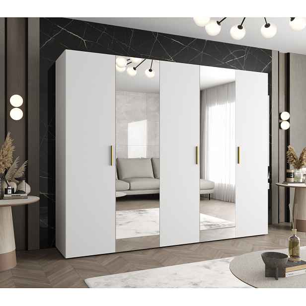 Šatní skříň se zrcadly HELMA 2 250 cm - bílá / zlaté úchyty