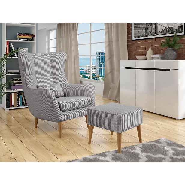 Designové křeslo ušák s taburetkou LEVI - šedé