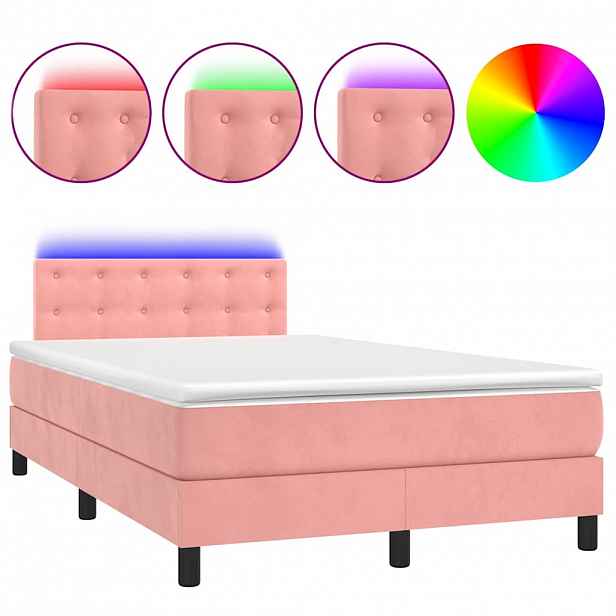 vidaXL Box spring postel s matrací a LED růžová 120x200 cm samet