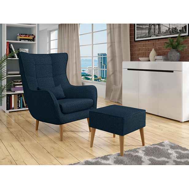 Designové křeslo ušák s taburetkou LEVI - pařížská modř