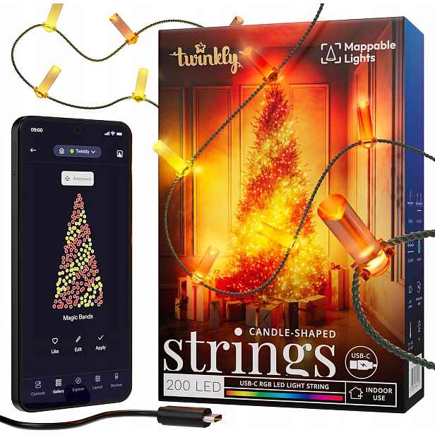 Vánoční osvětlení na stromeček Twinkly Candle svíčky 200 Led Rgb 12 m zelené opletení
