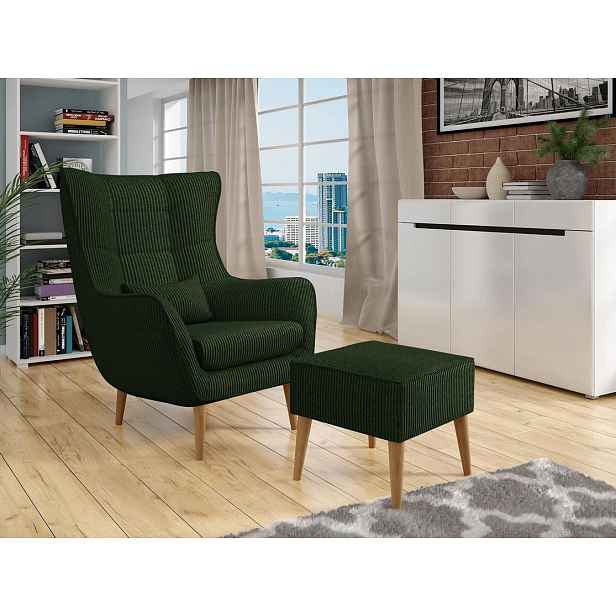 Designové křeslo ušák s taburetkou LEVI - tmavé zelené