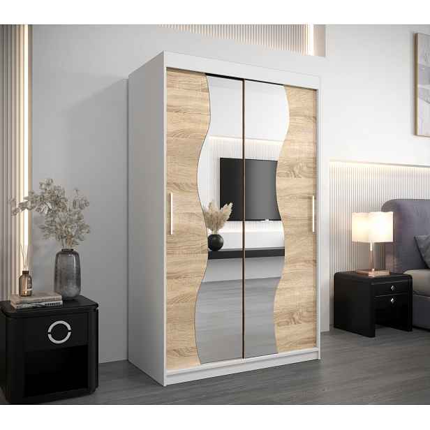 Šatní skříň se zrcadly JUDITA - šířka 120 cm, bílá / dub sonoma