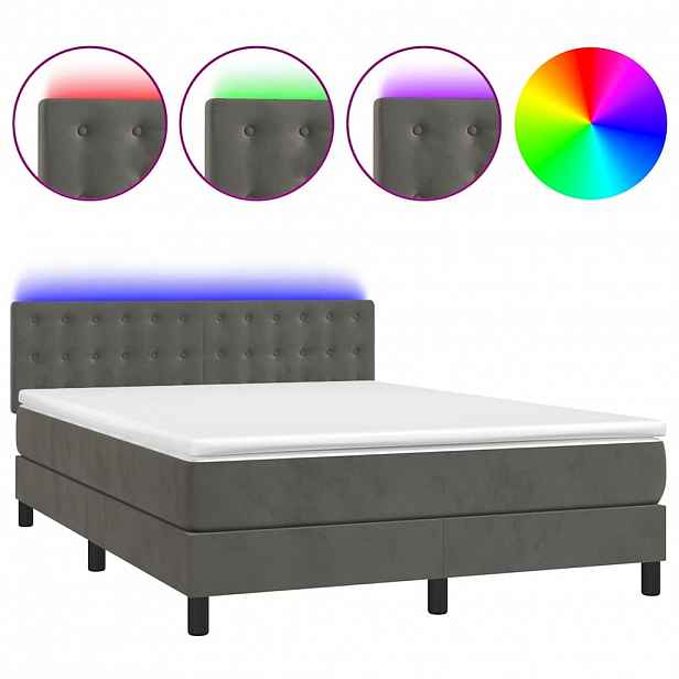 vidaXL Box spring postel s matrací a LED tmavě šedá 140x190 cm samet