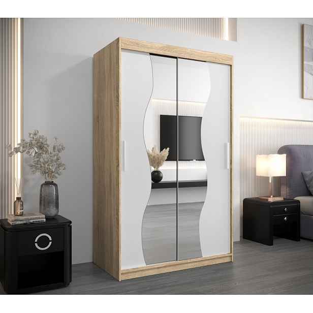Šatní skříň se zrcadly JUDITA - šířka 120 cm, dub sonoma / bílá