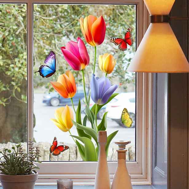 TEMU Minimalistické samolepky na okno s svěží tulipánu, květin a motýlů, statické, ideální pro zdobení ložnice, obývacího pokoje a domácího interiéru