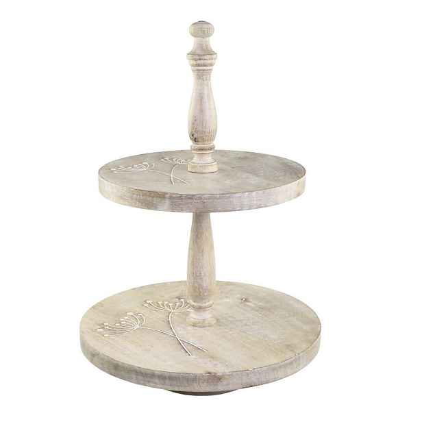 2-patrový dřevěný etažér z mangového dřeva s řezbami Tours - Ø 30*45 cm Chic Antique