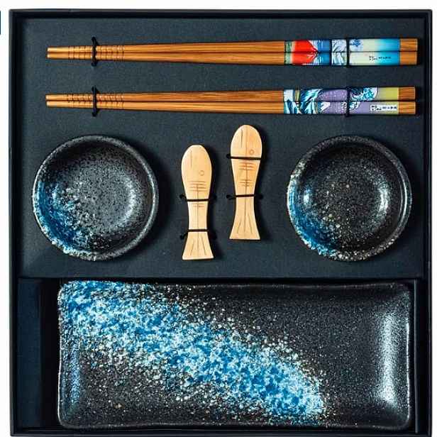 Keramický Set Na Sushi S Miskou Na Omáčku A Tyčinkami – Modrý