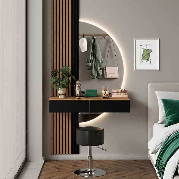 Vicco TOALETNÍ STOLEK Melina Dub/černá 100 cm se zrcadlem LED a stoličkou