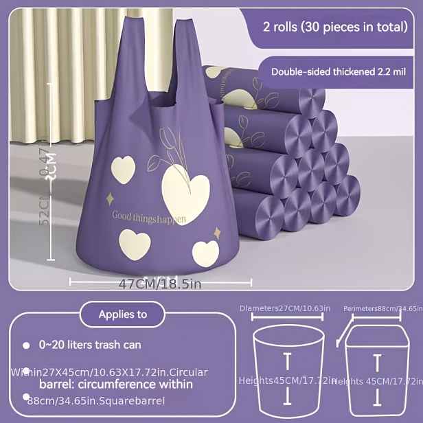 TEMU 2 svazky, 30 ks. Nový styl vesty, design fialového srdce, silný materiál, automatické zavírání. Vhodné pro úklid domácnosti, studentské koleje,