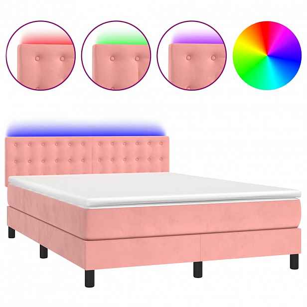 vidaXL Box spring postel s matrací a LED růžová 140x190 cm samet