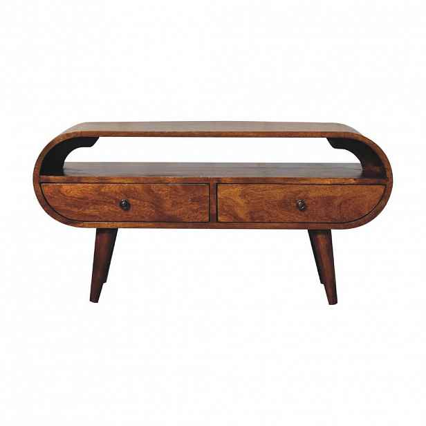 Artisan Furniture KULATÝ TV stolek v kaštanovém provedení, 2 zásuvky, 1 otevřená přihrádka, severské nohy