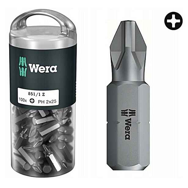 Bit PH2 x 25 mm 100 ks 1/4" křížový Phillips 851/1 Z 072441 Wera